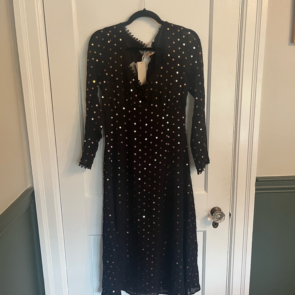 Monsoon Black Midi Dress with Gold sequin and lace detailing - Picture 5 of 9